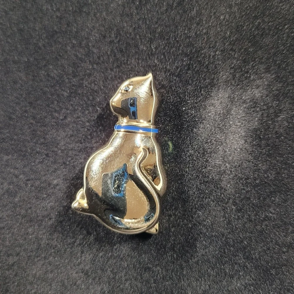 Vintage Liz Claiborne Cat Brooch Pin Gold Tone Enamel‎ Rhinestone Kitty Jewelry
